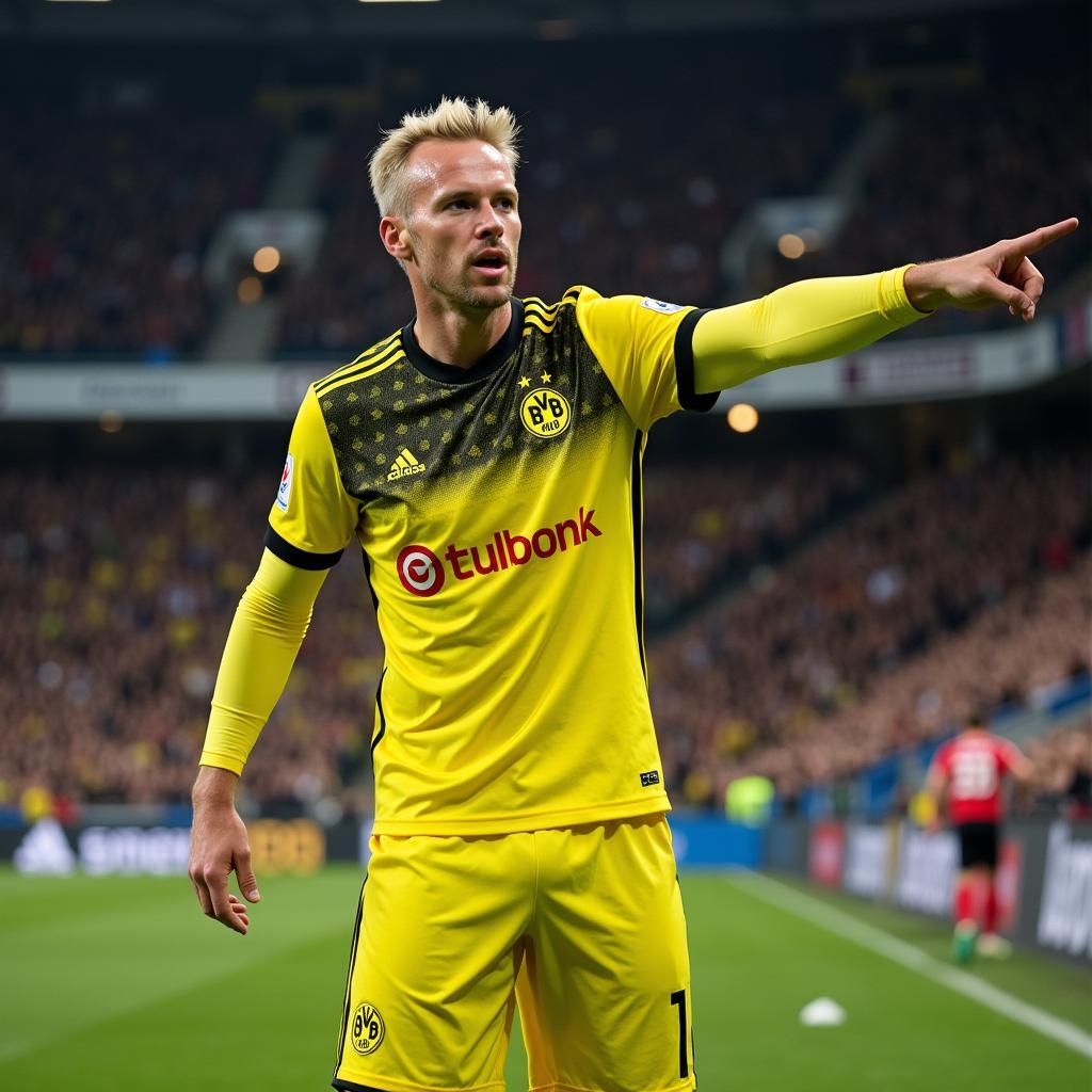 Haaland pointing while playing for Borussia Dortmund