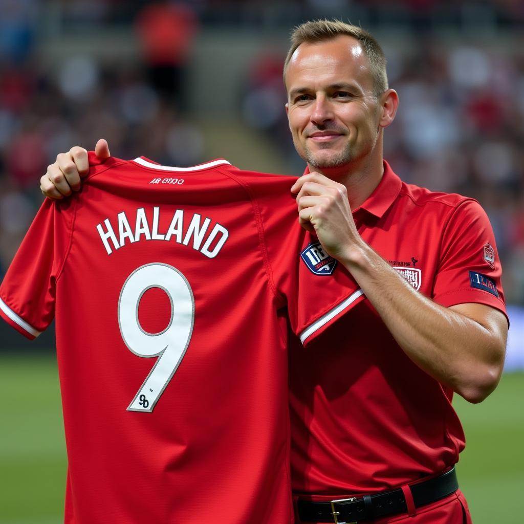 Haaland holding up a Poland national team jersey 