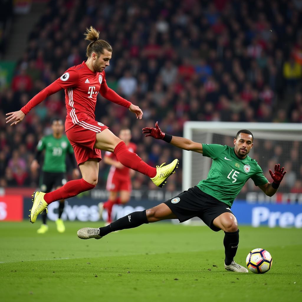 Haaland powering a shot past a goalkeeper