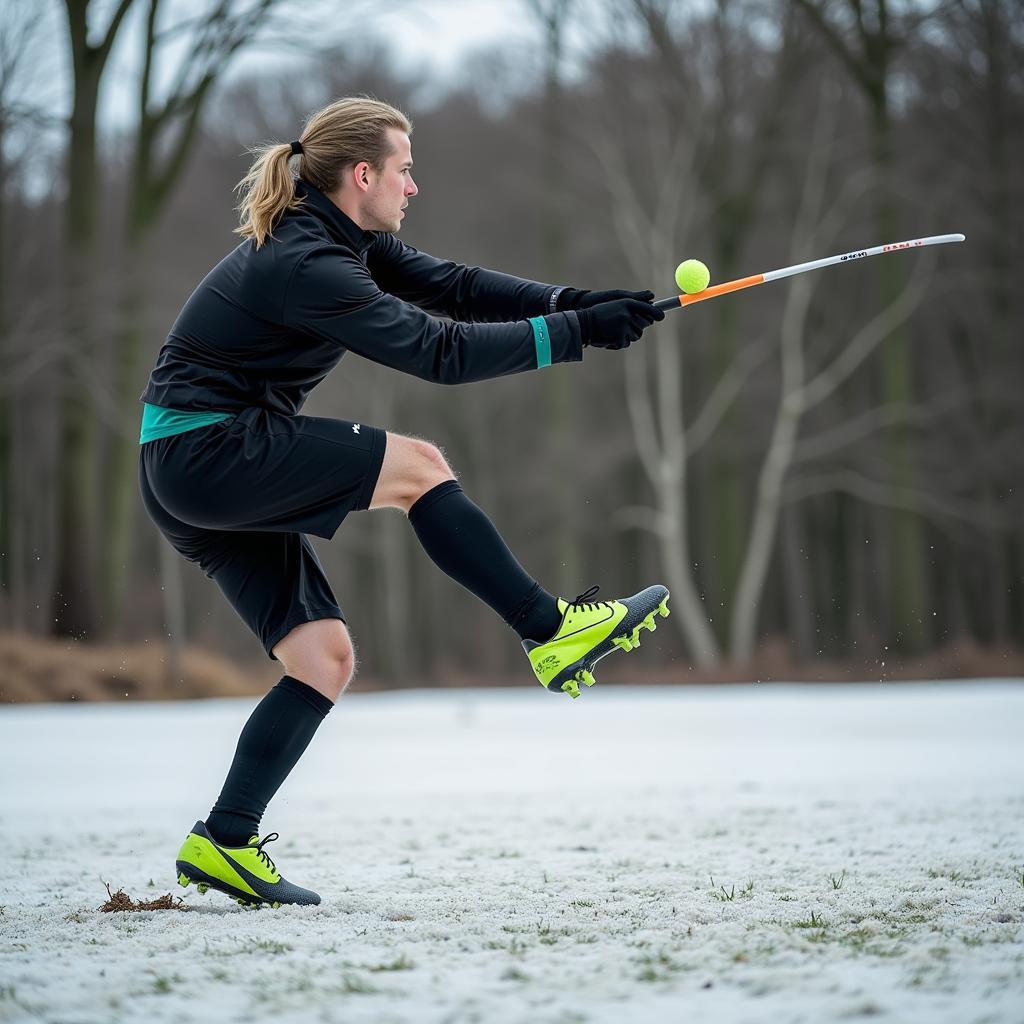 Haaland taking a powerful shot in Nike boots