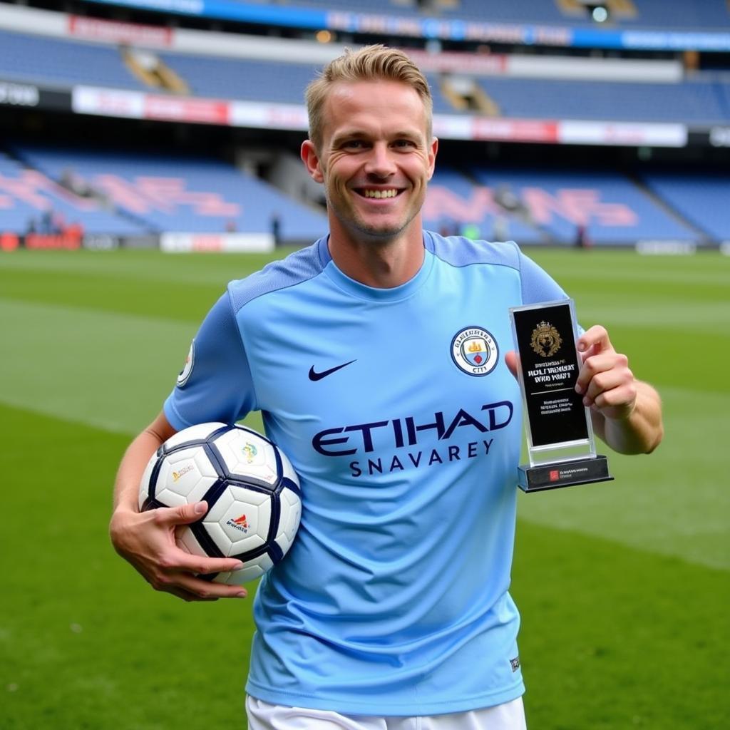 Erling Haaland receiving the Premier League Player of the Month award