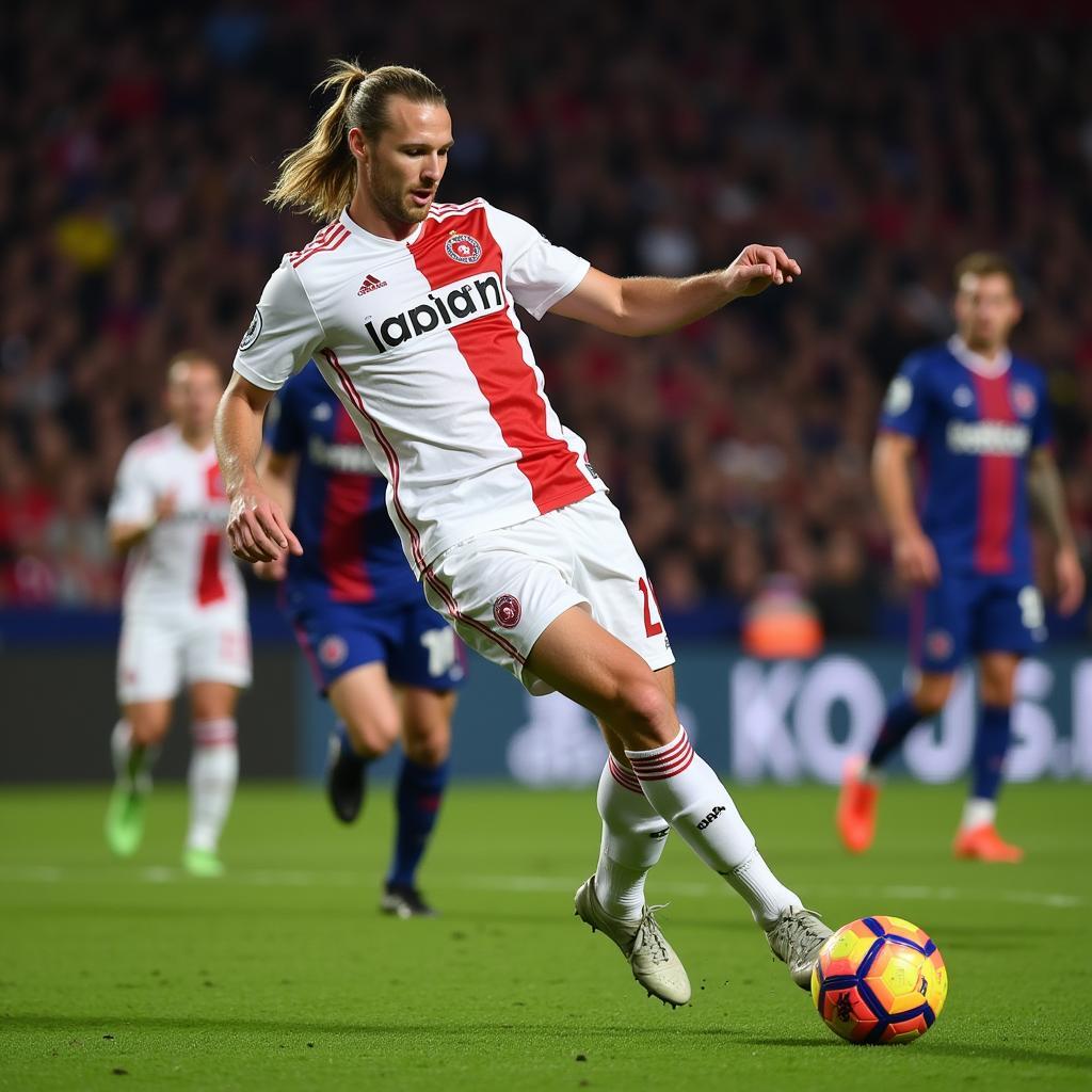 Haaland strikes the ball towards the goal in a Premier League match