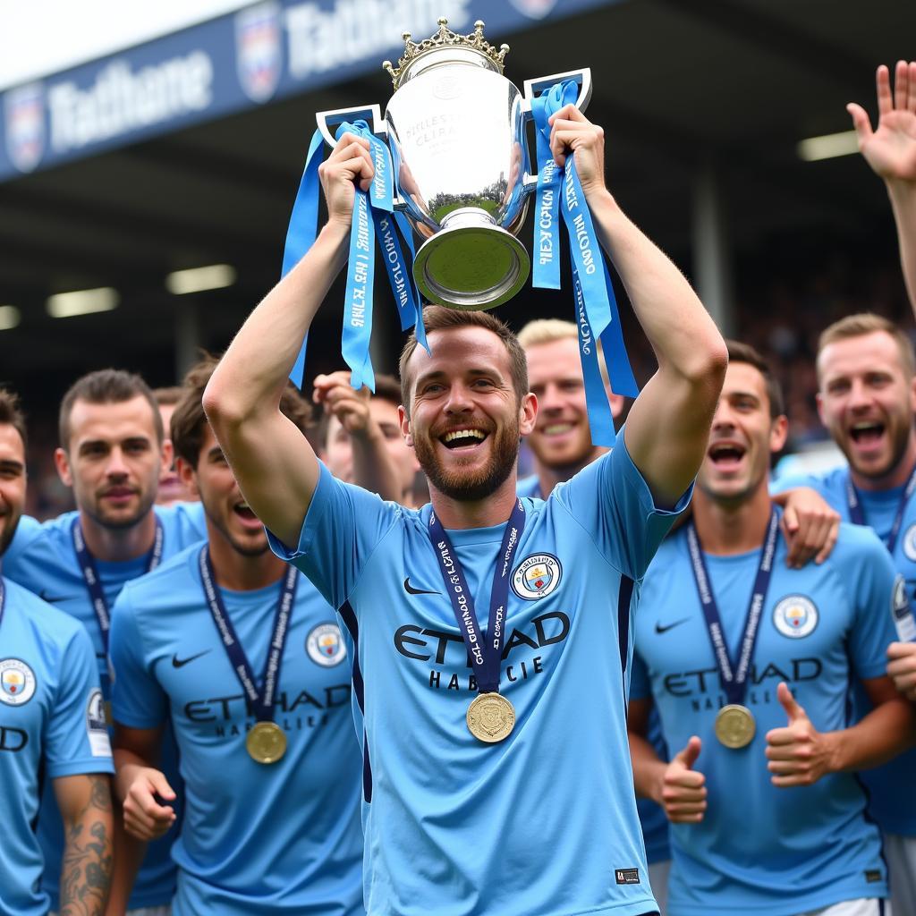 Haaland lifts the Premier League trophy with Manchester City.