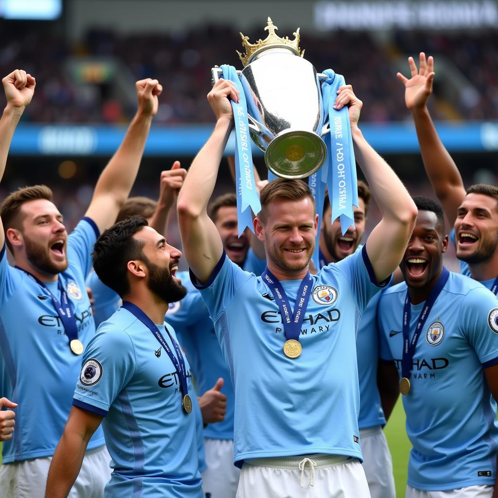 Erling Haaland Lifting the Premier League Trophy