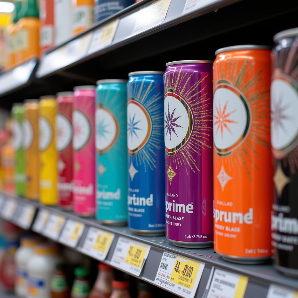 Haaland Prime energy drink cans lined up on a shelf