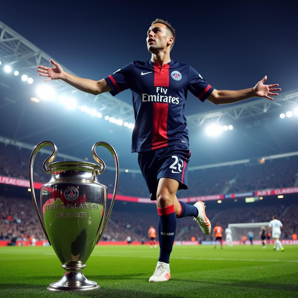 Haaland celebrates a Champions League goal in a PSG jersey