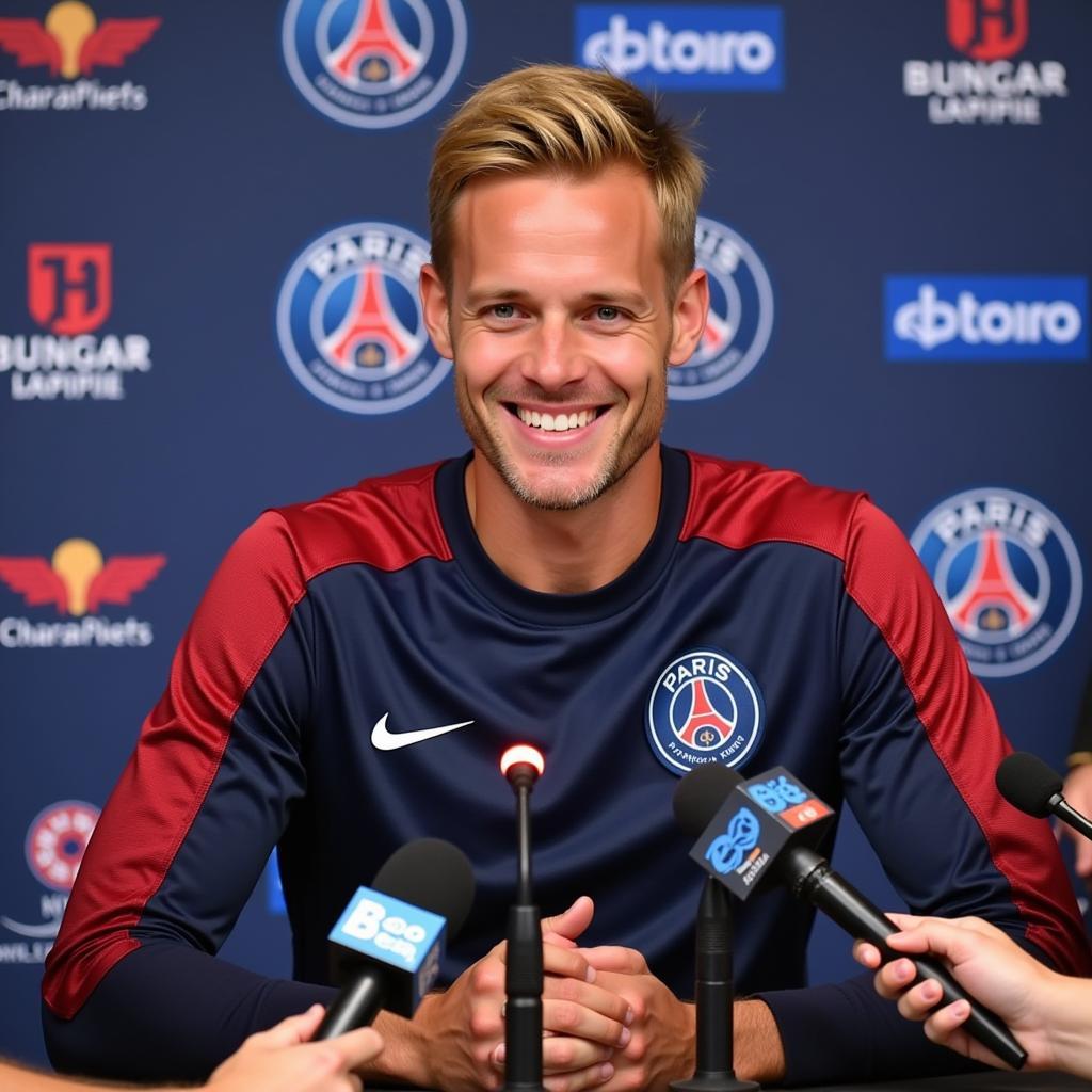 Erling Haaland at a press conference after signing with PSG