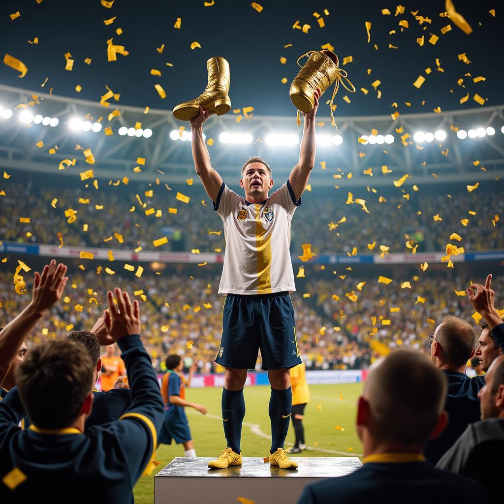 Haaland holds aloft a golden boot award, symbolizing his goalscoring achievements.