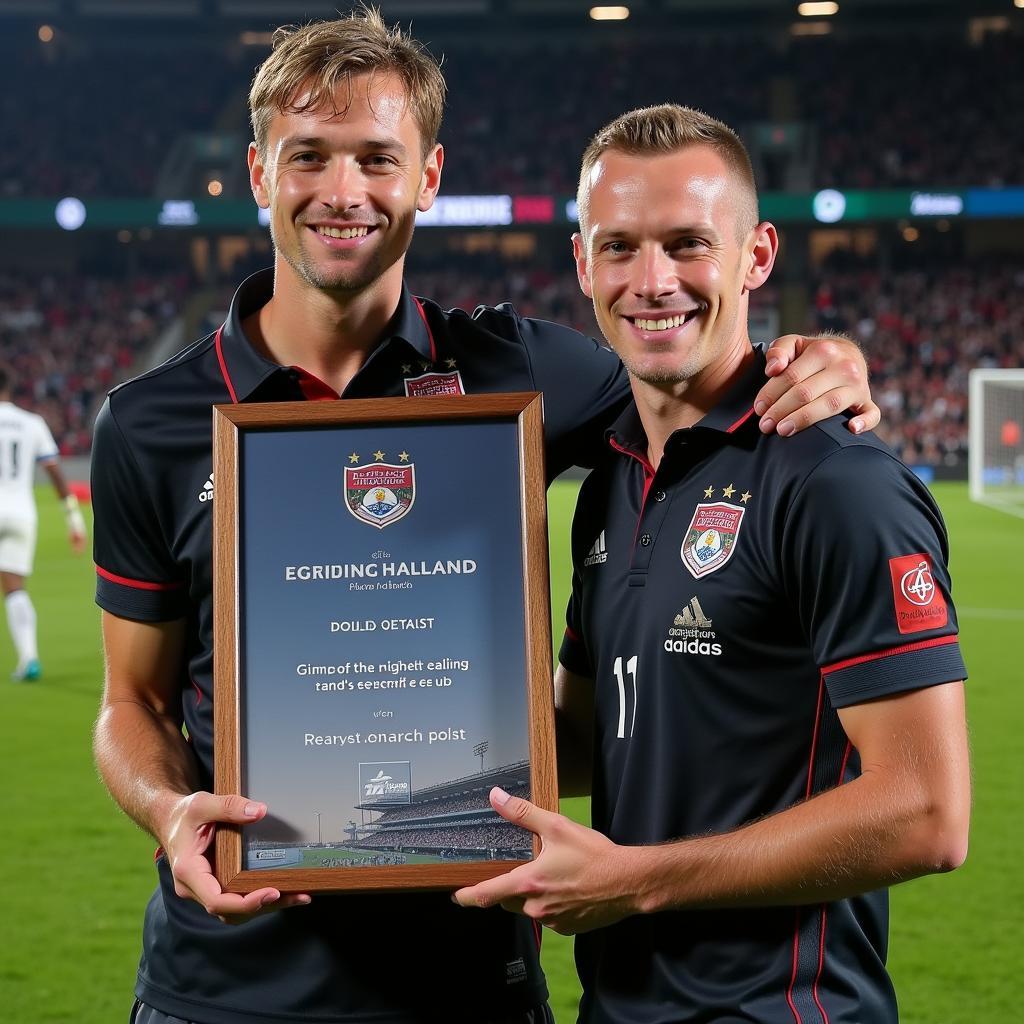 Haaland receiving the Man of the Match award