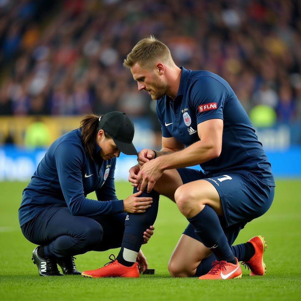 A physiotherapist attending to Haaland's leg during a match.