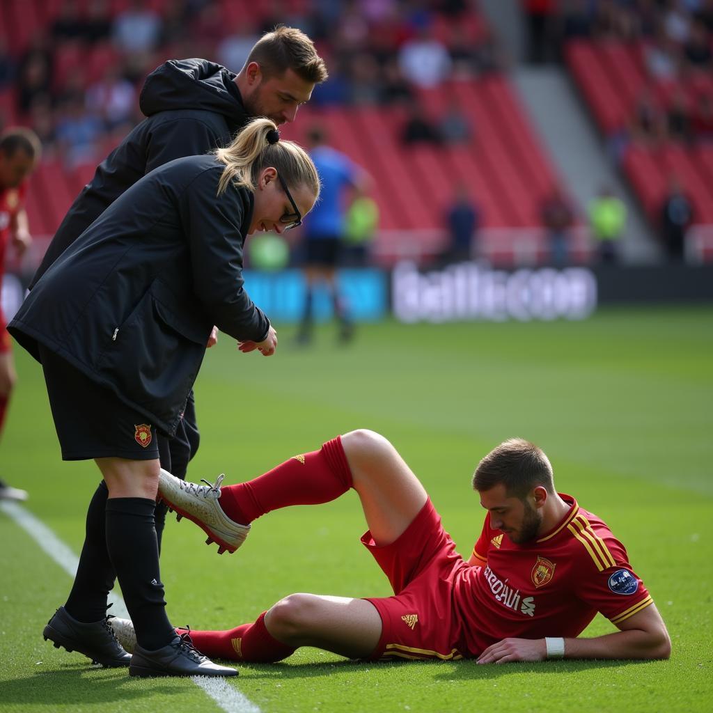 Erling Haaland receiving treatment from medical staff for a hamstring problem