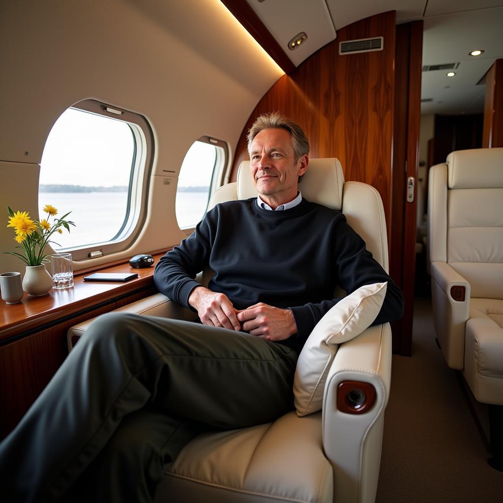 Haaland relaxing in a spacious private jet cabin