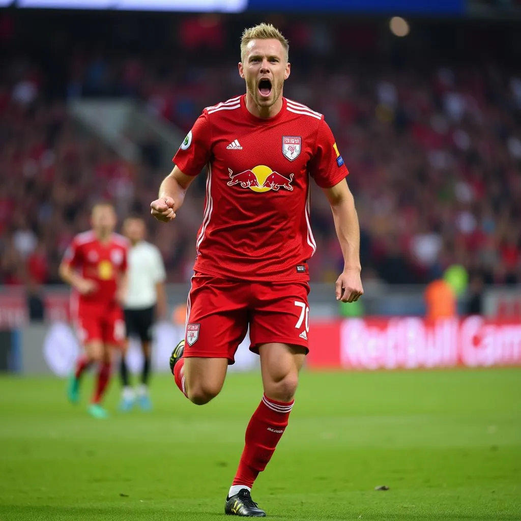 Haaland celebrating a goal in his Red Bull Salzburg kit