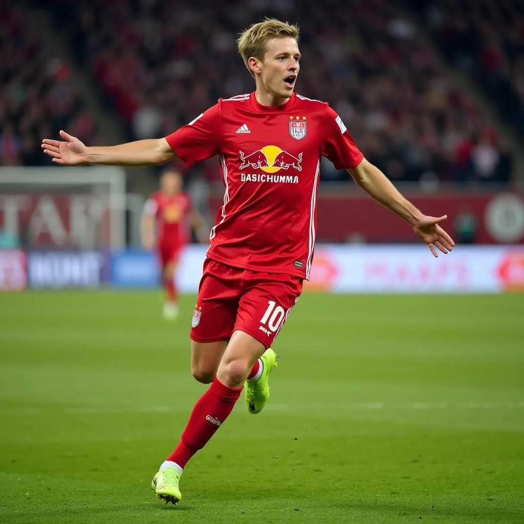 Haaland celebrating a goal in a Salzburg jersey.