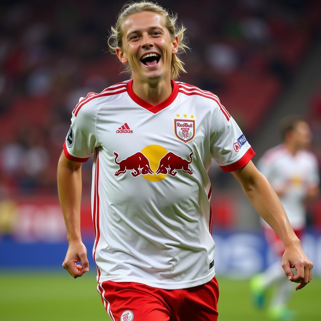 Erling Haaland celebrating a goal in his Red Bull Salzburg kit