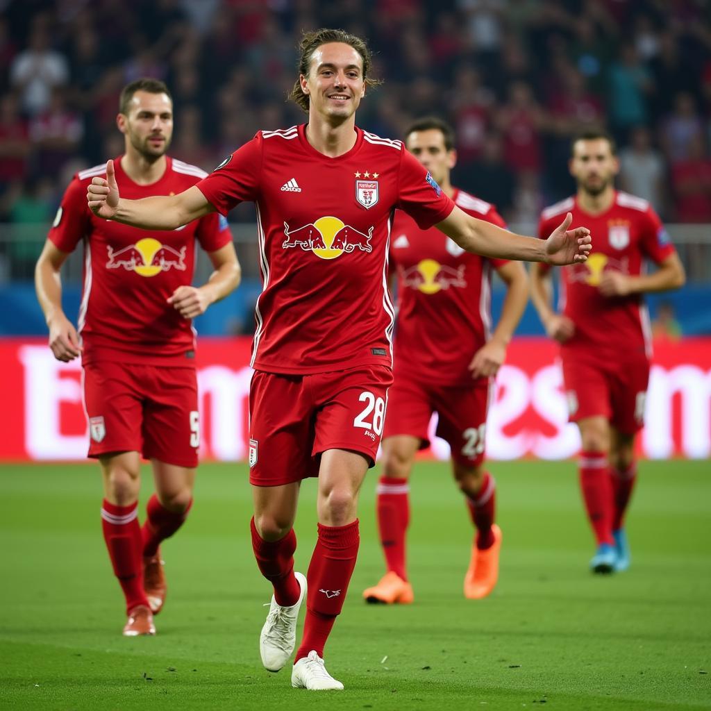 Haaland celebrates a goal in Red Bull Salzburg uniform