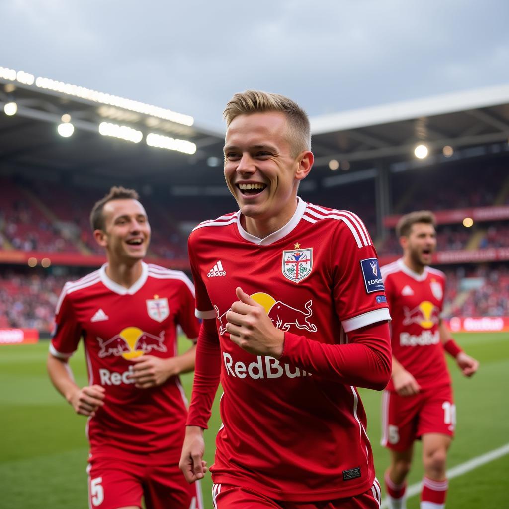 Erling Haaland celebrating a goal with Red Bull Salzburg