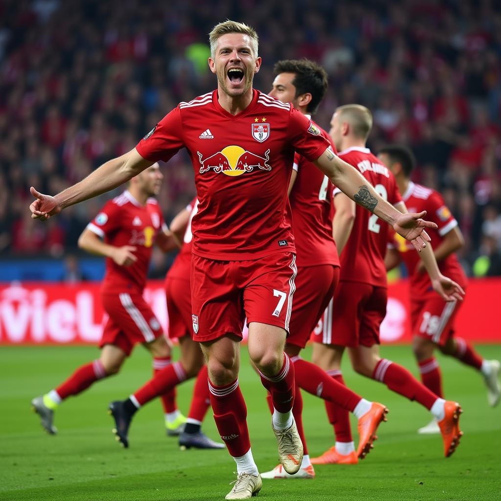 Haaland celebrating a goal in the Champions League for Salzburg