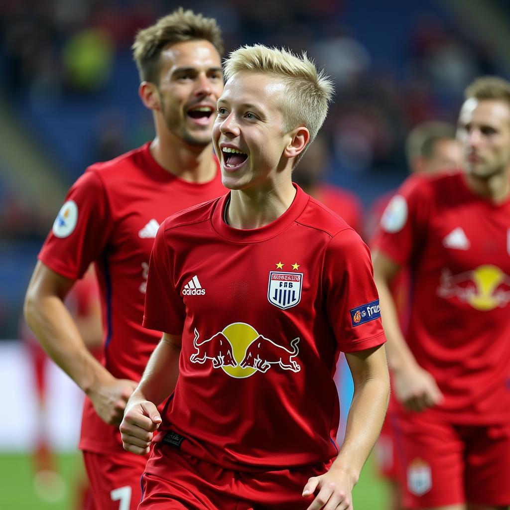 Haaland celebrates a goal for Red Bull Salzburg