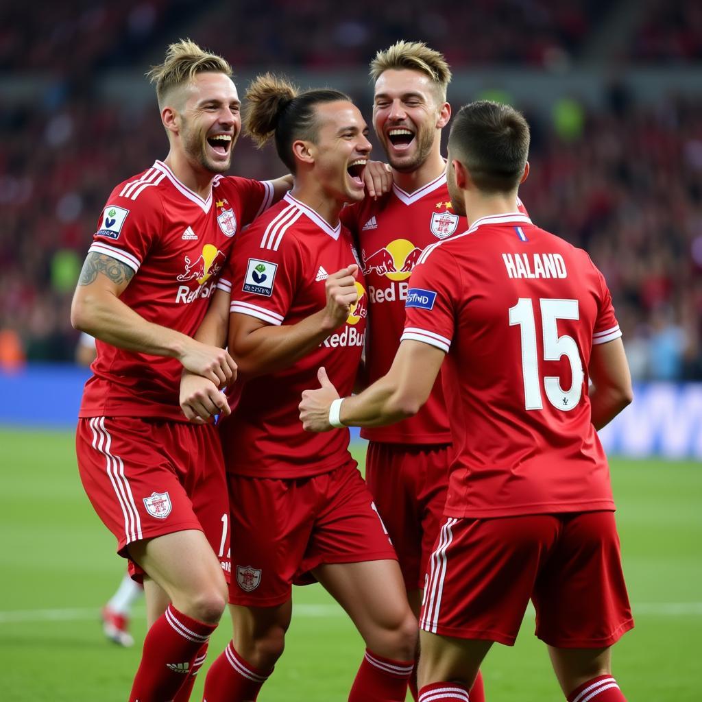 Haaland celebrates a goal with his Salzburg teammates