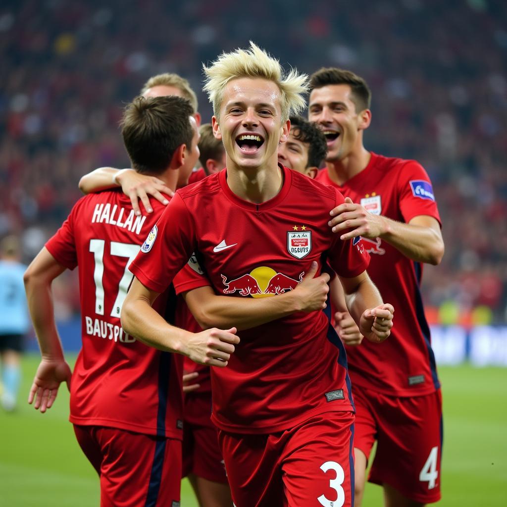 Erling Haaland celebrating a goal for Red Bull Salzburg