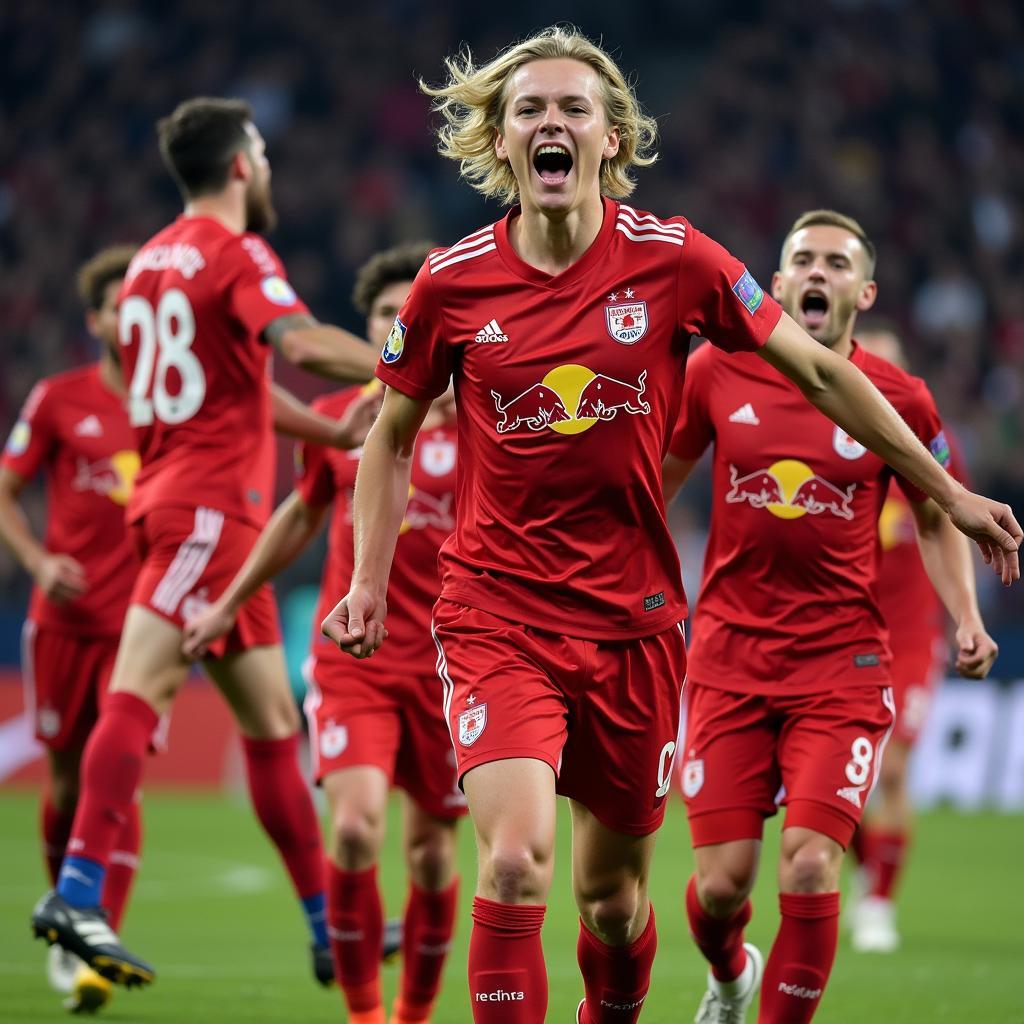 Haaland celebrates a goal for Red Bull Salzburg.