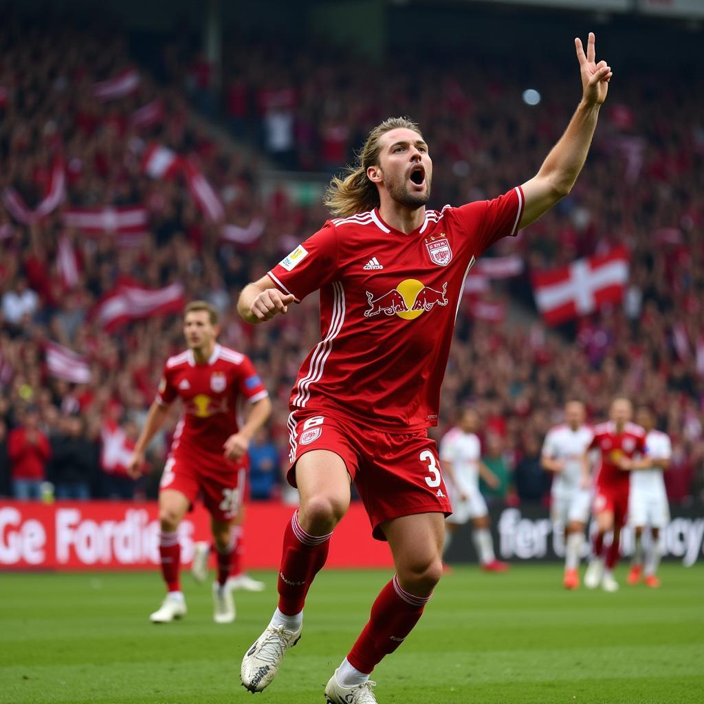 Erling Haaland celebrating a goal with Red Bull Salzburg fans