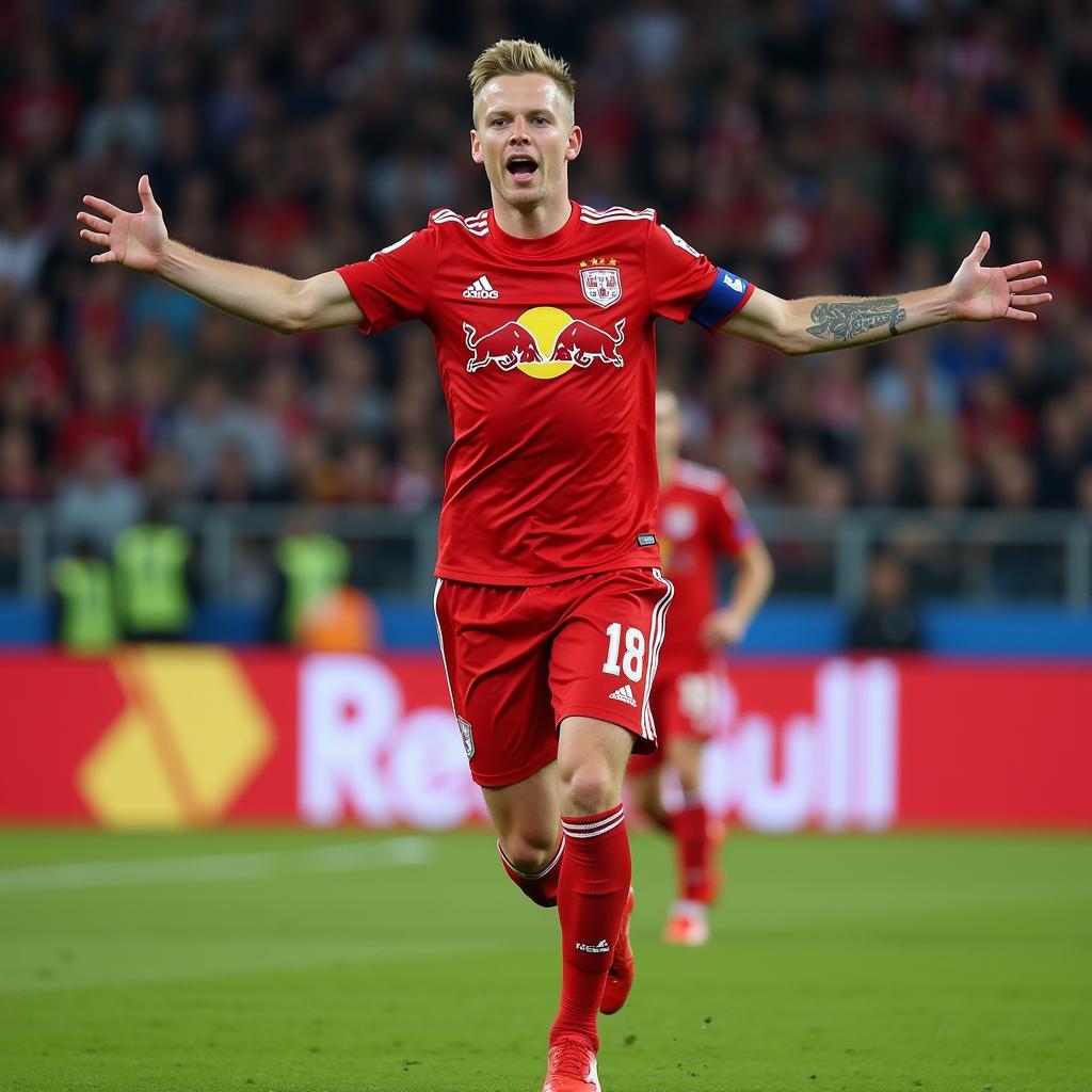 Erling Haaland celebrating a goal for Red Bull Salzburg