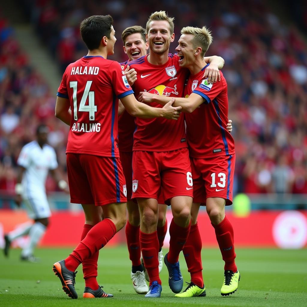 Haaland celebrating a goal in the iconic Red Bull Salzburg kit