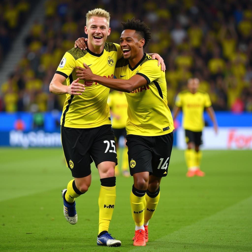 Haaland and Sancho celebrate a goal