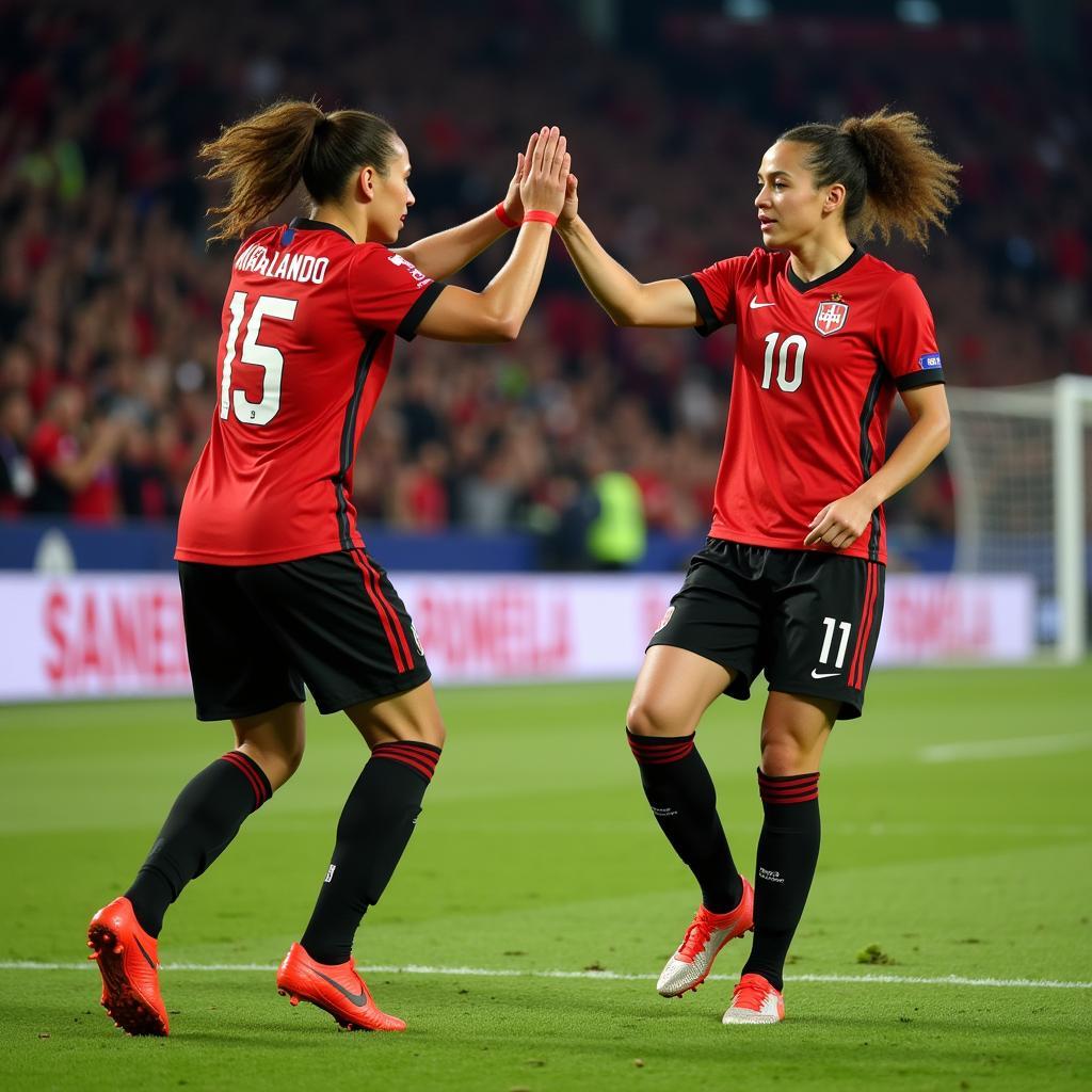 Haaland and Sancho celebrating a goal with a high five