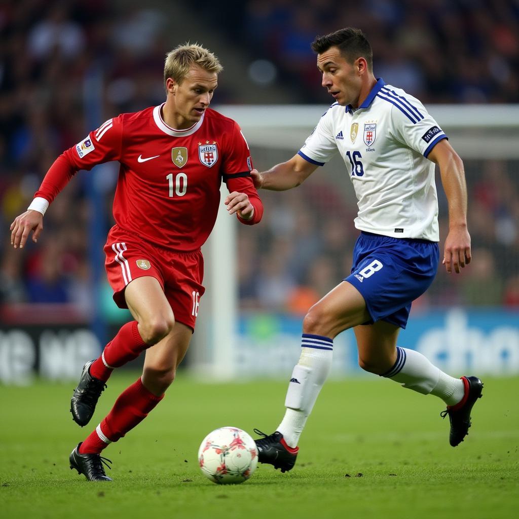 Erling Haaland skillfully maneuvering the ball past a defender to score a goal