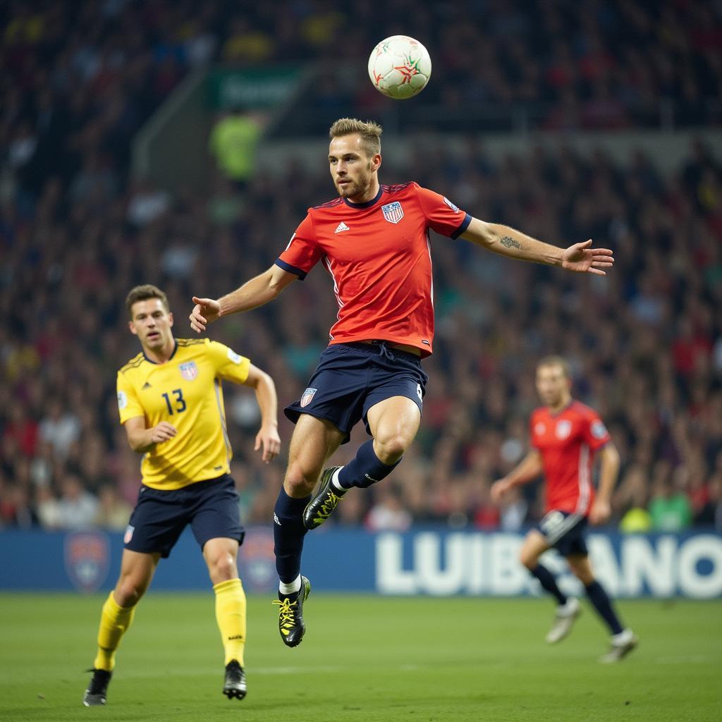 Erling Haaland rises above the defenders to score a powerful header, showcasing his aerial prowess