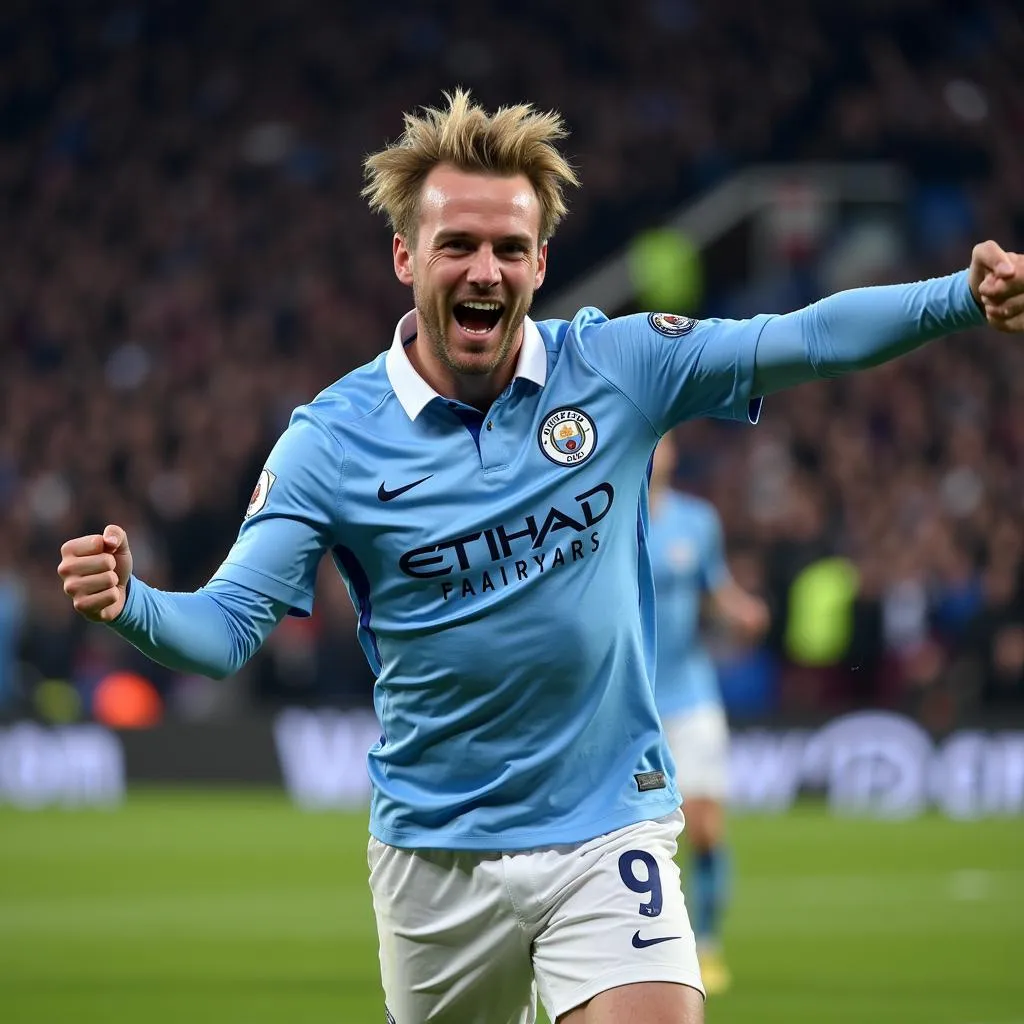 Erling Haaland celebrates a goal for Man City