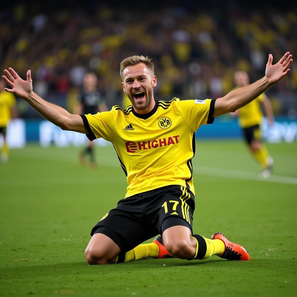 Erling Haaland celebrates scoring a goal in the Champions League for Borussia Dortmund.