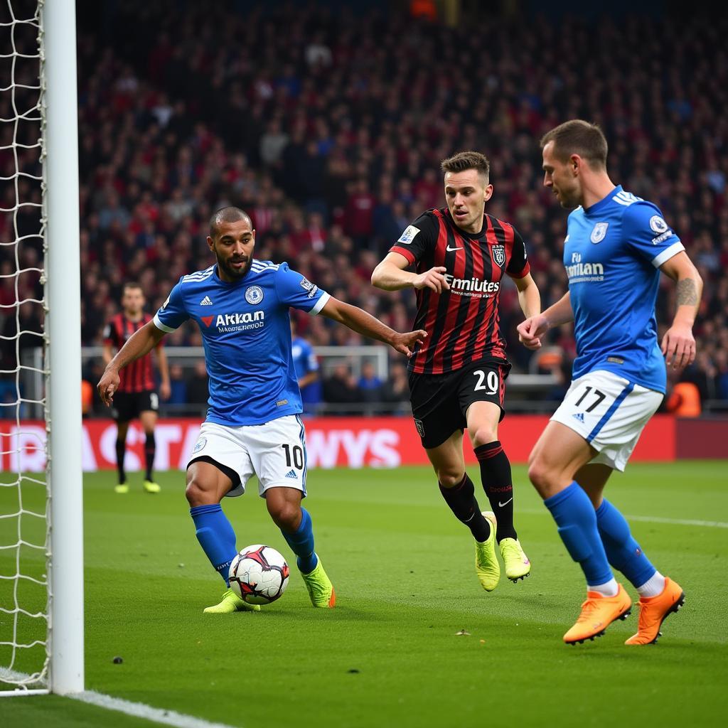 Erling Haaland celebrating a goal despite facing defensive pressure.