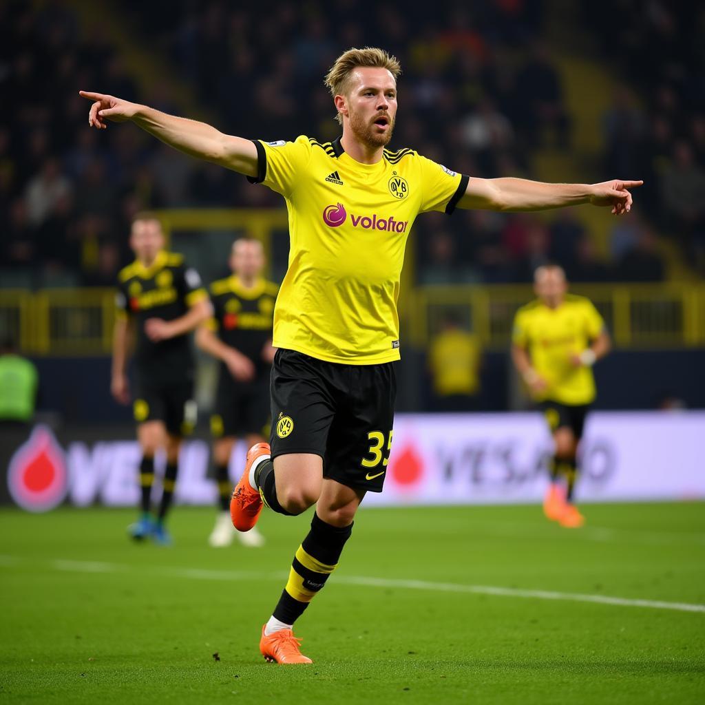 Haaland celebrates a goal in the iconic yellow and black of Borussia Dortmund.