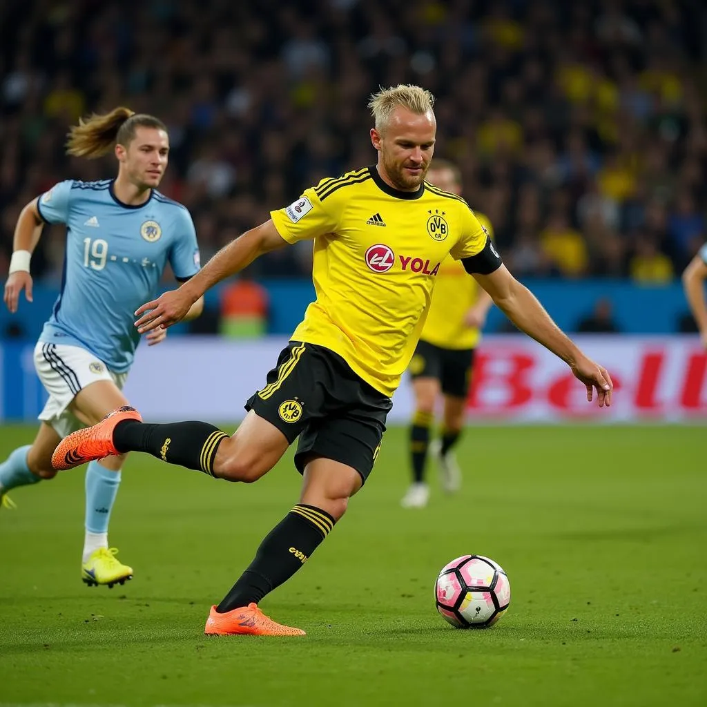 Erling Haaland scores a goal for Borussia Dortmund, slotting the ball past the goalkeeper.