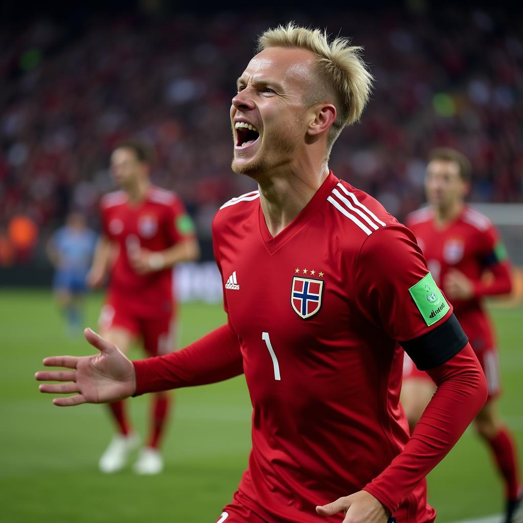 Haaland celebrating a goal for Norway