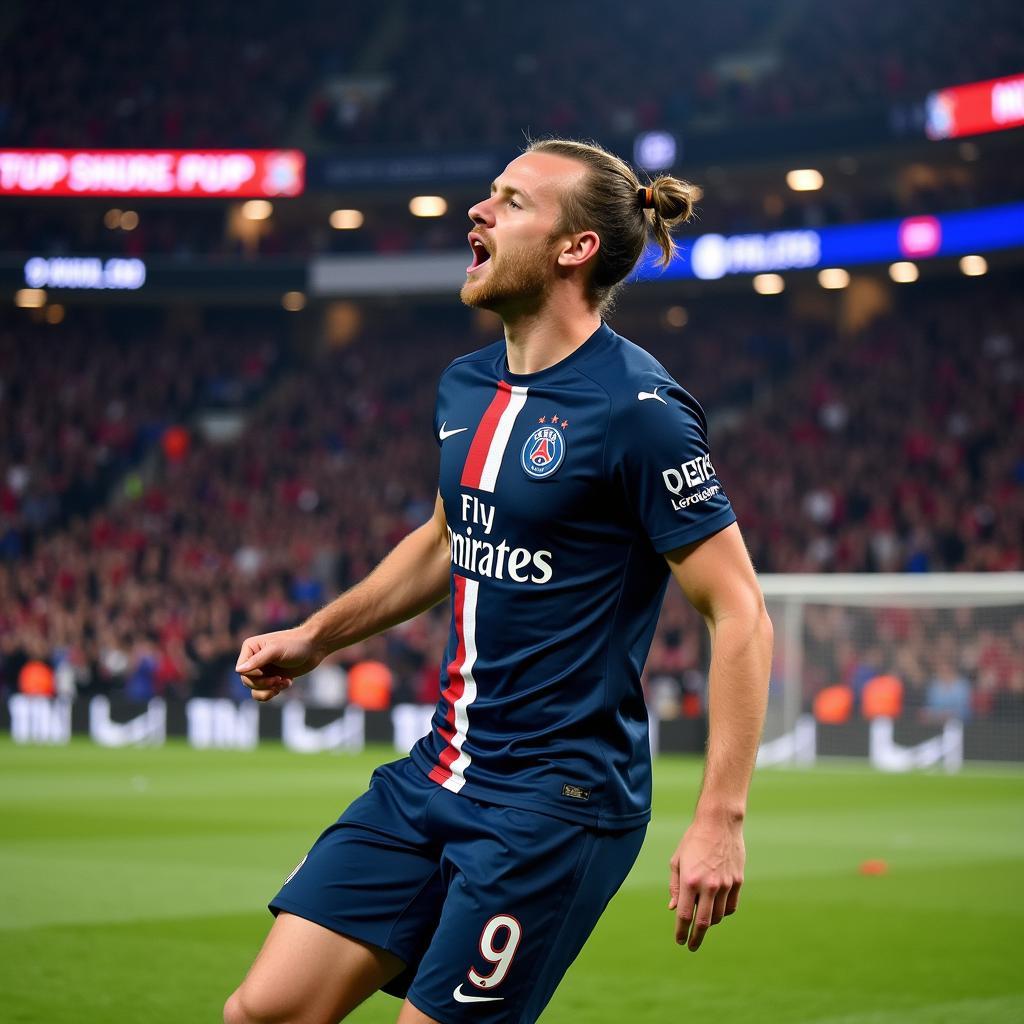 Erling Haaland scores a goal for PSG in a packed stadium