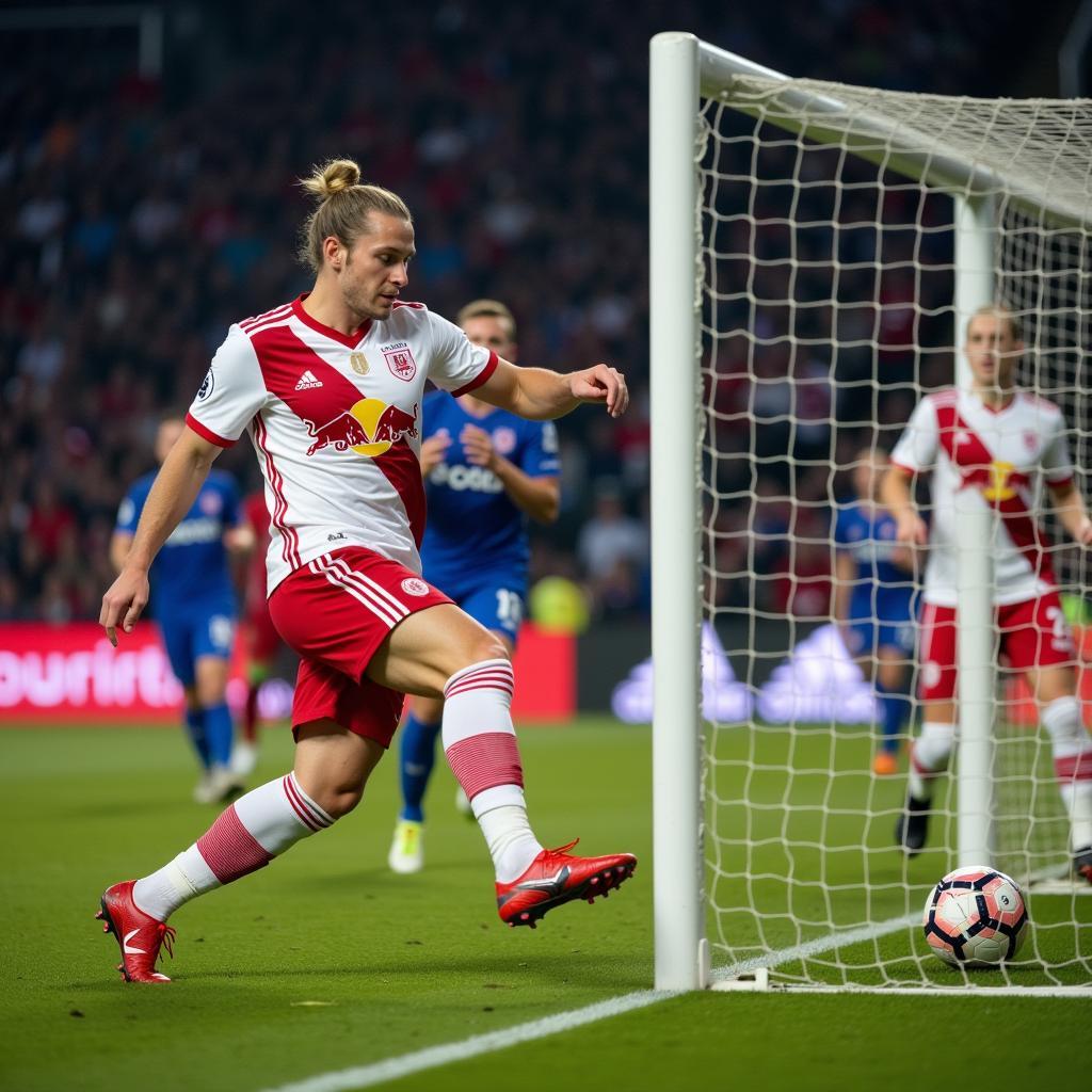 Haaland scoring a goal for Red Bull Salzburg