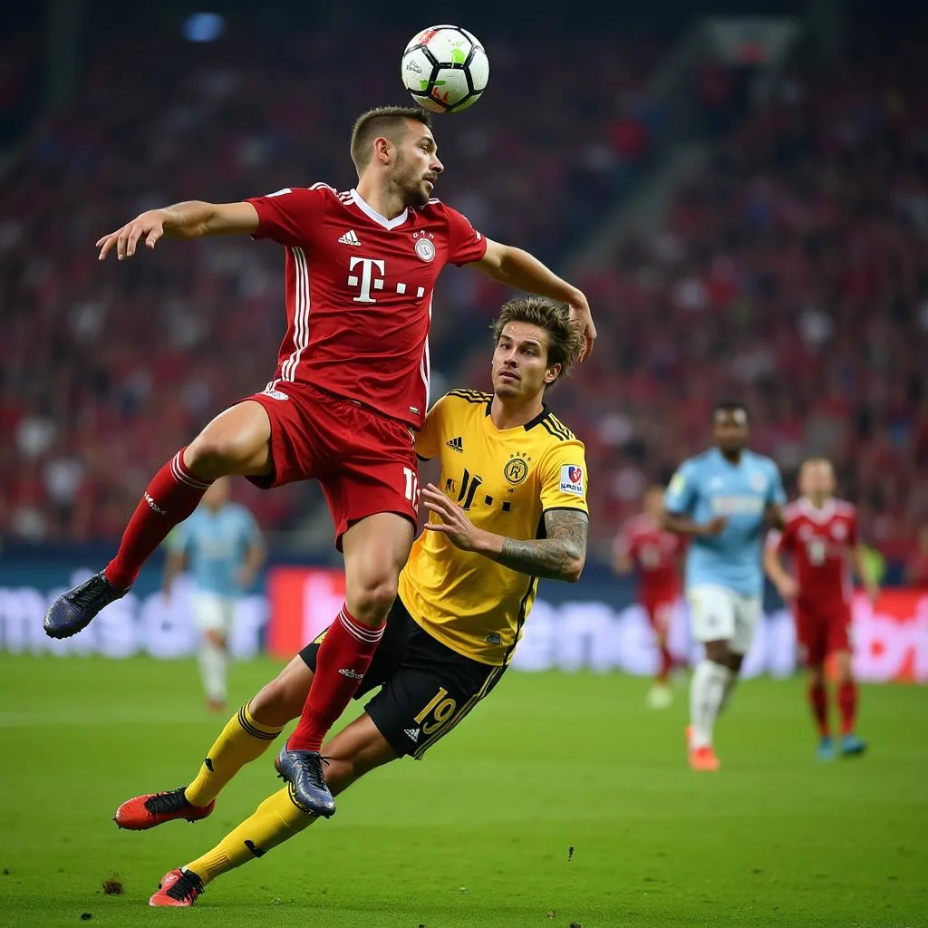 Haaland scoring a header against Bayern Munich