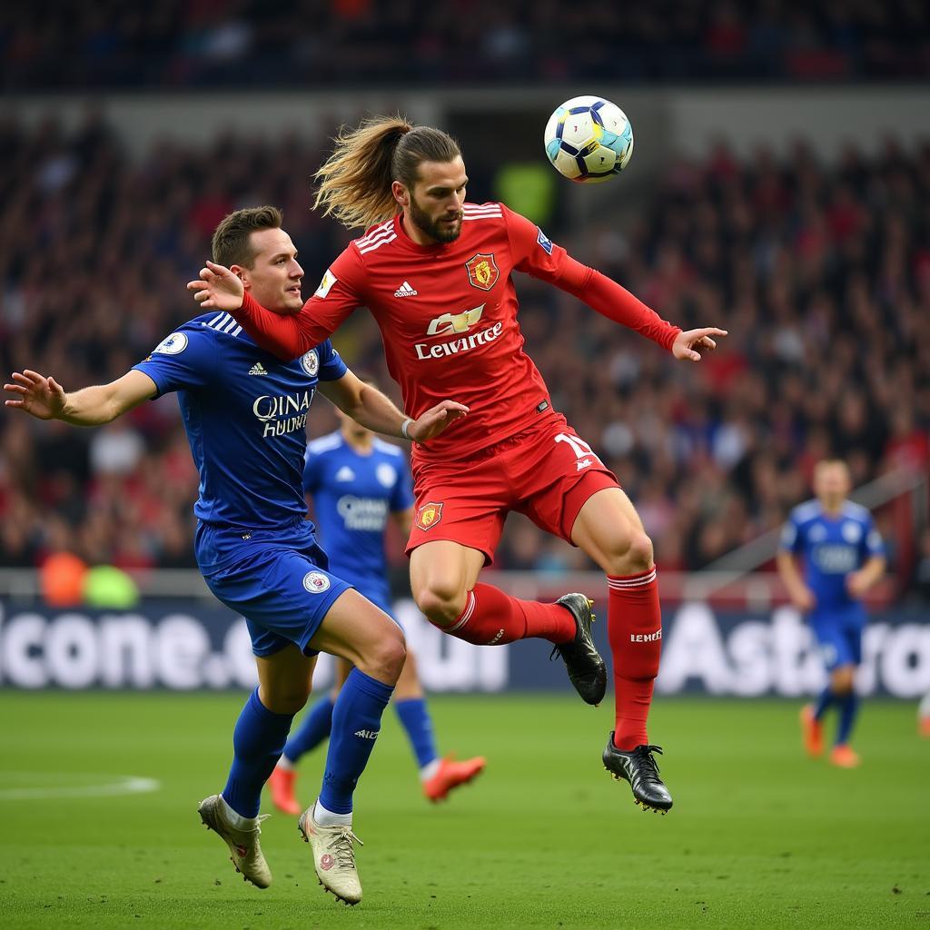 Haaland scores a powerful header in a Champions League match.