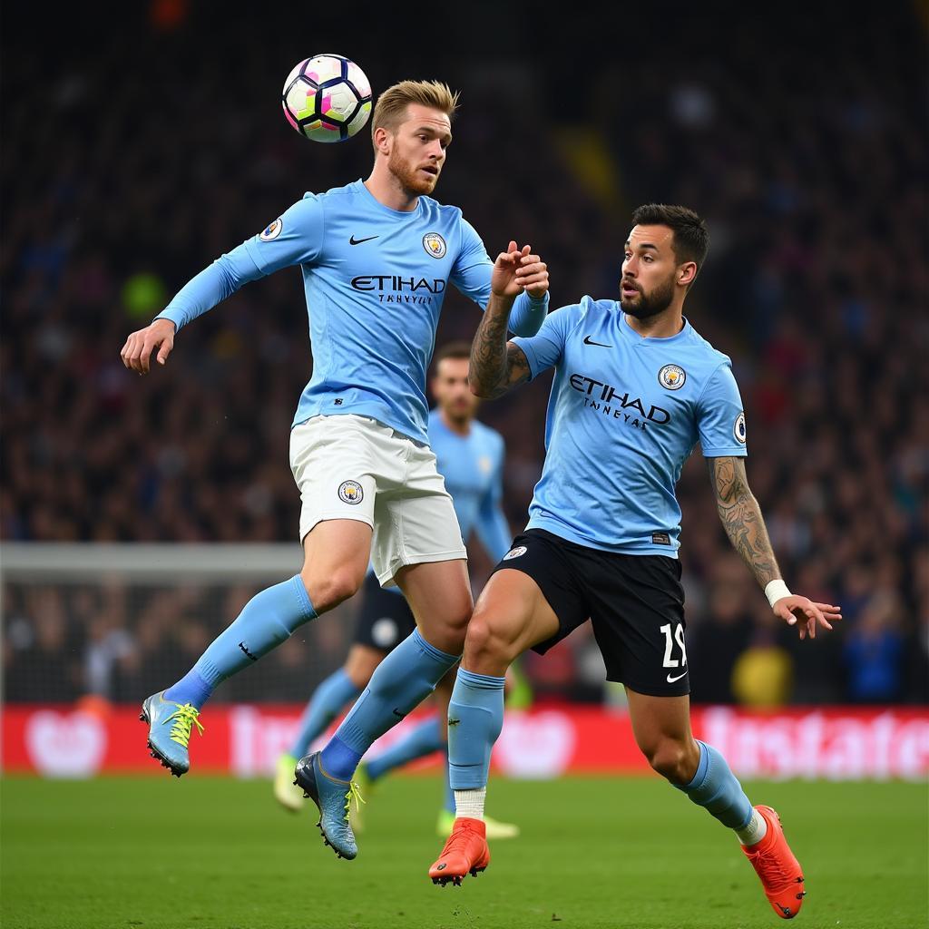 Haaland Scoring a Powerful Header for Manchester City