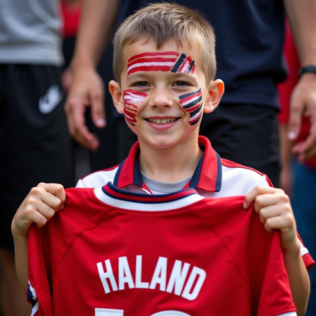 A young fan holds up a Haaland jersey