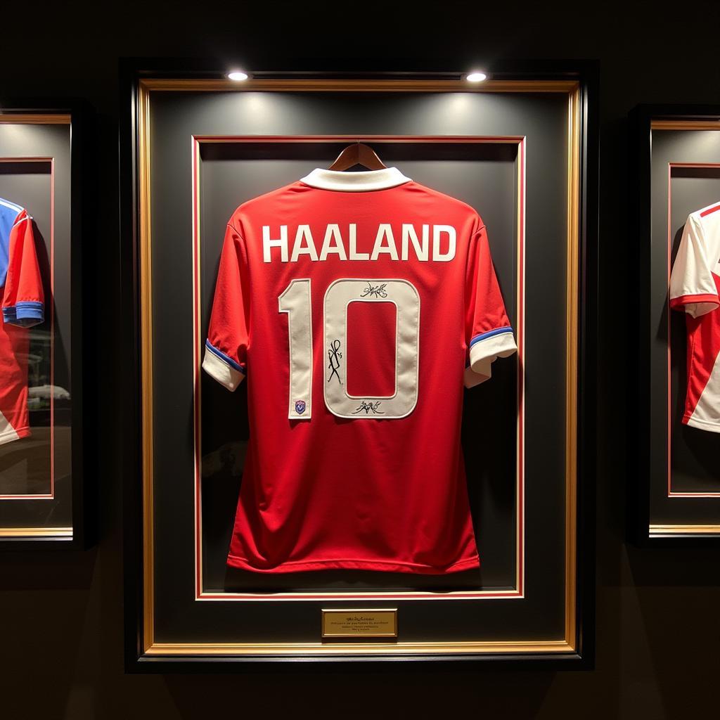 Framed Erling Haaland signed jersey on display in a fan's collection.