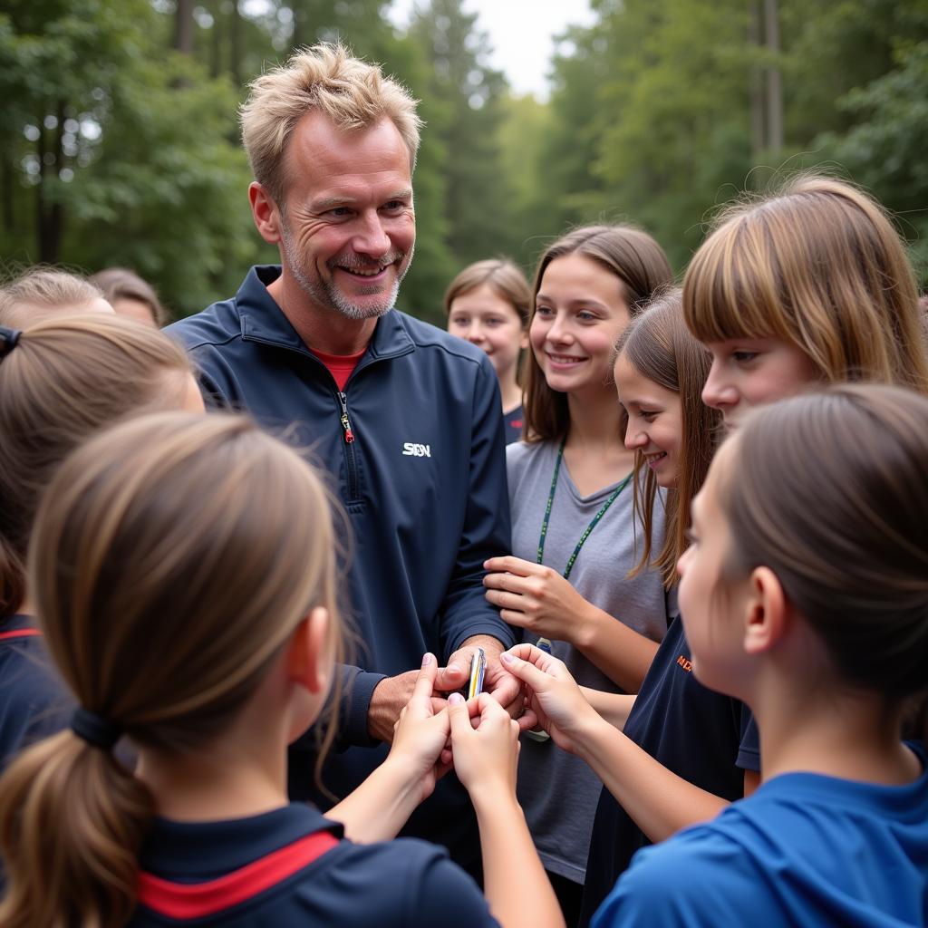 Haaland interacts with young fans, signing autographs and posing for photos.