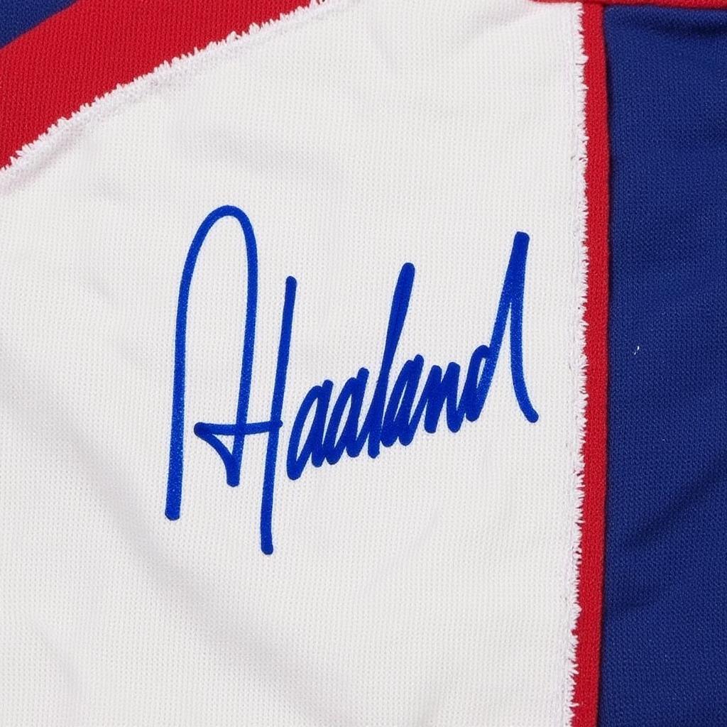 Close-up of an authentic Erling Haaland signature on a jersey.