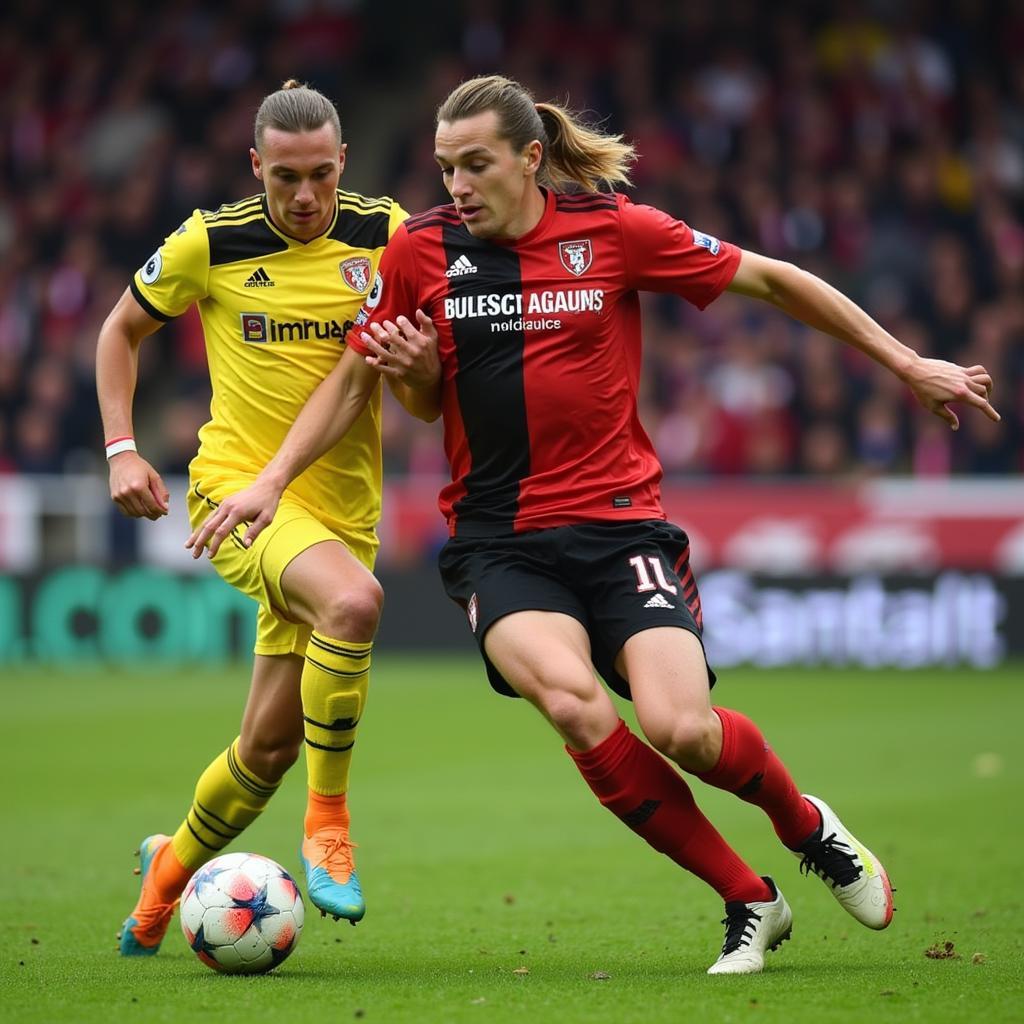 Haaland taking on a Brentford defender