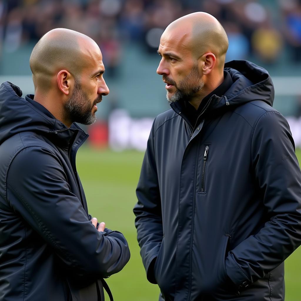 Pep Guardiola talking to Erling Haaland